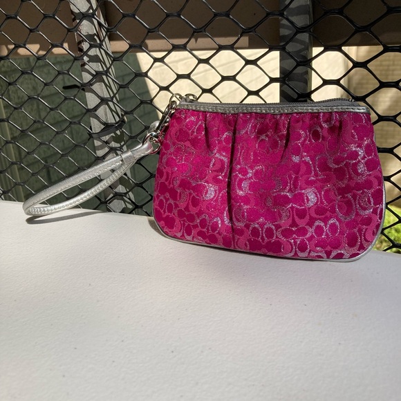 Coach Pink Optic Glitter Sparkle Signature C Print Pleated Wristlet Mini Bag - Picture 16 of 17